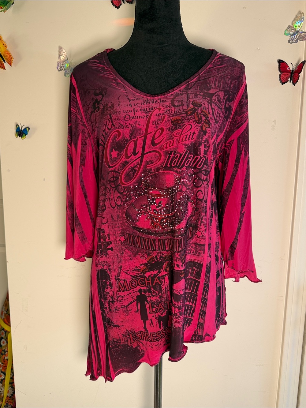 Fuchsia Graphic V-Neck Tunic Top with Coffee Print